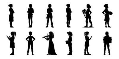 Silhouette Icon Set Of Diverse Female Figures In Various Occupations. Professional And Hobby Representation Symbol Collection. Career And Lifestyle. Isolated Illustration vector