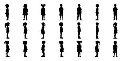 Children In Side View Solid Silhouette Icon Set. Growth And Development Observation Symbol Collection. Educational And Parenting Visuals. Isolated Illustration vector