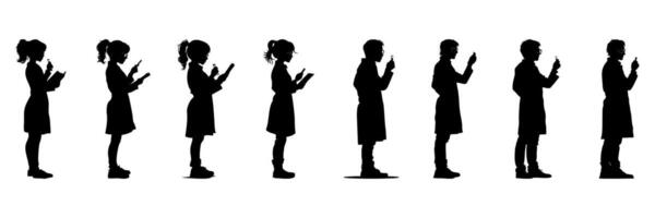 Silhouette Icon Set Of Scientists With Lab Equipment. Laboratory Research And Experimentation Theme Solid Symbol Collection. Science And Education Visuals. Isolated Illustration vector