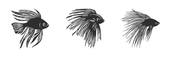 Betta Fish Silhouette Set. Elegant Aquatic Creatures With Flowing Fins Isolated Illustration Collection vector