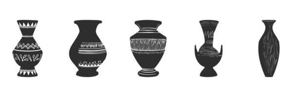 Silhouette Of Decorative Vases Set. Artistic Pottery Designs And Patterns. Isolated Illustration Collection vector