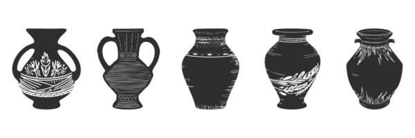 Decorative Ancient Vases Silhouette Set. Traditional Pottery Art And Design Elements Isolated Illustration Collection vector