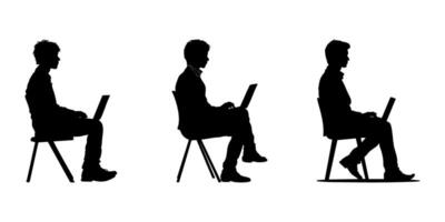 Seated Men Using Laptops Silhouette Icon Set. Office Work And Technology Engagement Symbol Collection. Business And Remote Work Visuals. Isolated Illustration vector