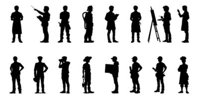 Silhouette Icon Set Of Diverse Professions. Occupational Role Representation Solid Symbol Collection. Career And Workforce Visuals For Educational And Professional Use. Isolated Illustration vector