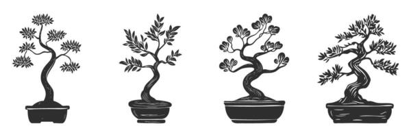 Bonsai Tree Silhouette Set. Artistic Representation Of Miniature Trees In Pots Isolated Illustration Collection vector