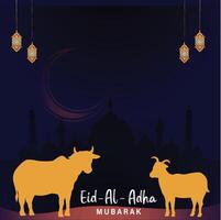 Eid Mubarak greeting background, Crescent moon shape with goat and mosque. Eid Al Adha and Ramadan Mubarak new poster design, crescent moon shape and goat with traditional lantern lamp vector