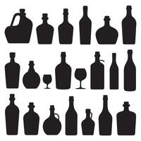 Set of Black silhouettes and white bottles of alcohol in different styles. with white vector