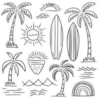 outline and print design templates, summer palms, tropical hand drawn illustrations, tropical surfing concept, vacation and travel, palm trees and hippie boho elements. with white background vector