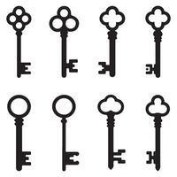 Antique key Black silhouettes. Medieval and modern keys, vintage shapes set. Open door symbols, privacy and escape. Abstract tidy elements. with white background vector
