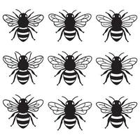 Black silhouettes Selection of hand drawn bees in different styles.with white background vector