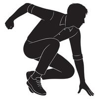 Silhouette of a man landing from a jump with one knee bent and hand touching the ground vector