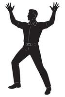 Silhouette of a man with both arms raised and fingers spread, summoning unseen power, powerful man silhouette vector