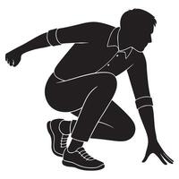 Silhouette of a man crouched and ready to spring with fingers touching the ground, sitting silhouette vector