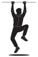 Silhouette of a man hanging from an invisible ledge with arms strained, action silhouette vector