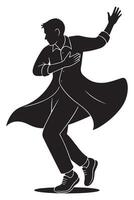 Silhouette of a man mid-twirl with coat or fabric implied flowing with motion, dancing silhouette vector