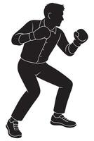 Silhouette of a man preparing to throw a punch with knees bent and posture braced, action silhouette vector