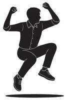 Silhouette of a man jumping with both knees bent and fists raised, action silhouette vector