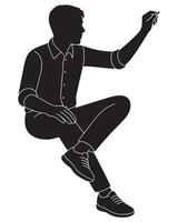 Silhouette of a man sitting with one hand writing or drawing on an invisible surface in front, teacher silhouette vector