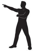 Silhouette of a man pointing forward with confidence, feet apart and back straight, pointing man silhouette vector