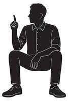 Silhouette of a man sitting with back straight and one finger raised as if making a point, addressing man silhouette vector