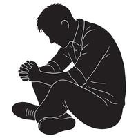 Silhouette of a man sitting hunched forward with hands clasped tightly, man in deep thought vector