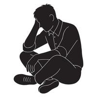 Silhouette of a man sitting and leaning to one side with head resting on hand, thinking man silhouette vector