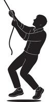 Silhouette of a man holding an invisible rope with both hands and pulling it down hard, action silhouette vector