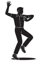 Silhouette of a man doing a salsa-style pose with one hand raised and one foot tapping, dancing silhouette vector