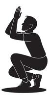Silhouette of a man crouching low with hands clapping above head, action silhouette vector