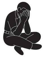 Silhouette of a man sitting cross-legged with face hidden in both hands, depressed man silhouette vector