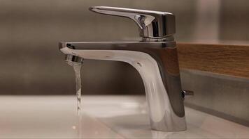 A modern chrome faucet is elegantly pouring water into a pristine bathroom sink. The stylish design complements the minimalist decor, enhancing the serene atmosphere video