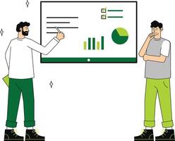 Two men are standing in front of a white board with graphs and charts vector