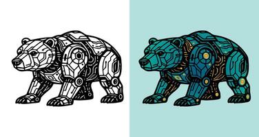 A bear with a robotic design is shown in two different colors. The bear is made of metal and has a futuristic appearance. The blue bear is more detailed and has a more intricate design vector
