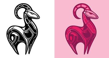 A black and white image of a ram with a red head. The ram is surrounded by a pink background vector