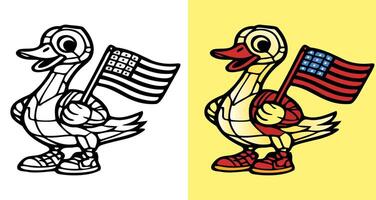A cartoon duck holding an American flag. The duck is smiling and has a flag in its beak vector