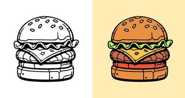 ,A cartoon drawing of a hamburger with lettuce and tomato. The burger is on a white background vector