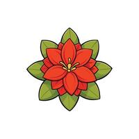 Bright red poinsettia with green leaves in cartoon style vector
