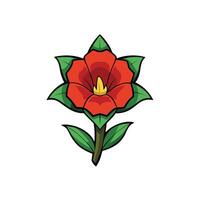 Stylized red flower illustration with green leaves and stem vector