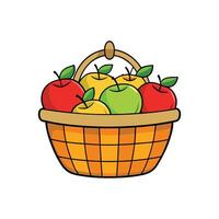 Basket of colorful apples with leaves on white background vector