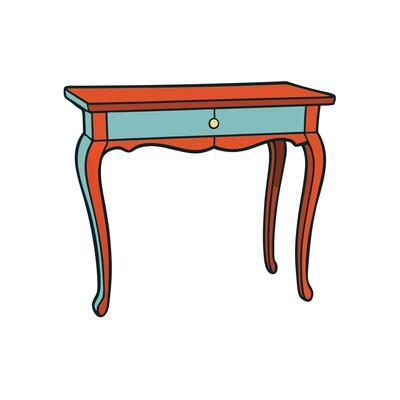 Vintage Side Table Illustration with Drawer in Orange and Teal
