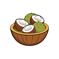 A bowl of halved coconuts and soursops cartoon illustration vector