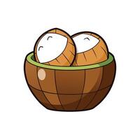 Two coconut halves in a wooden bowl illustration vector