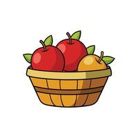 Basket of colorful apples with leaves and cartoon style vector