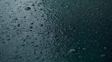 Close-up view of raindrops on a dark, smooth surface creating a wet and reflective texture, evoking a sense of calmness photo