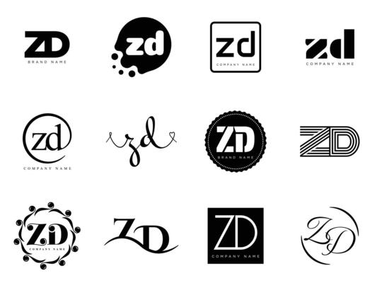 ZD logo template. Letter z d logotype. Set different classic serif lettering and modern bold text with design elements. Initial font typography.