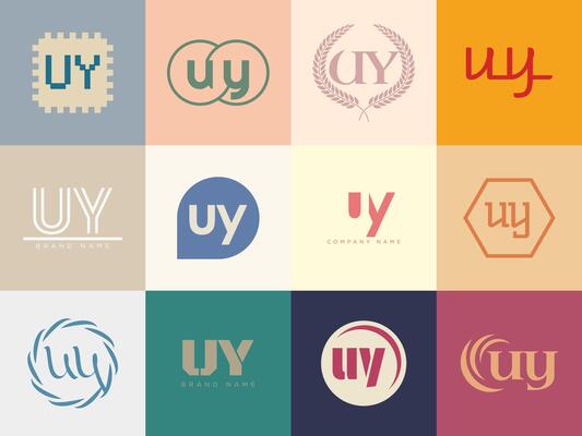 UY logo template. Letter u and y logotype. Set different classic serif lettering and modern bold text with design elements. Initial font typography.