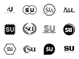 SU logo company template. Letter s and u logotype. Set different classic serif lettering and modern bold text with design elements. Initial font typography. vector