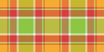 Vibrant plaid pattern in sunny orange, lime green, and red. Perfect for textile design, website backgrounds, or packaging. This cheerful, pixelated texture evokes feelings of warmth and optimism. vector