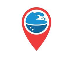 Abstract location icon featuring a stylized blue wave, suitable for travel, ocean, or navigation themes. Clean, modern design with a bright red locator pin shape. vector