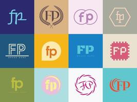 FP logo template. Letter f and p logotype. Set different classic serif lettering and modern bold text with design elements. Initial font typography. vector